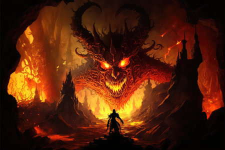 devil, prowling the fiery depths of hell, with view of the suffering souls, created with generative aiの素材