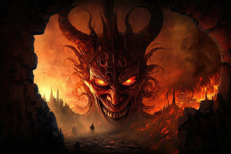devil, prowling the fiery depths of hell, with view of the suffering souls, created with generative aiの素材