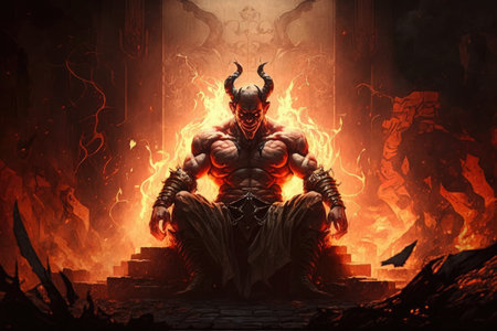 devil, surrounded by fire and brimstone, with view of never-ending torment, created with generative aiの素材