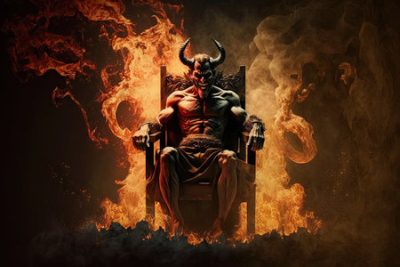 devil, sitting on throne of fire and smoke, with cowering soul in his clutches, created with generative aiの素材