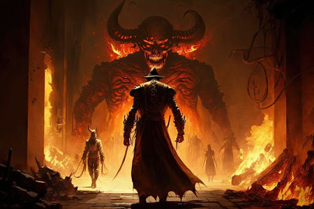 sins being purged in hellfire, with devil watching and waiting, created with generative aiの素材