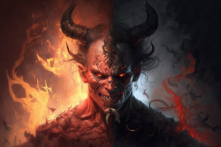 devil, tormenting tormented soul in hell, with devils flames and smoke surrounding them, created with generative aiの素材