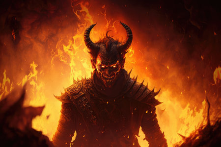 burning devil, surrounded by flames and smoke, in hellish landscape, created with generative aiの素材