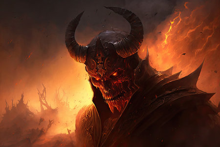 burning devil, surrounded by flames and smoke, in hellish landscape, created with generative aiの素材