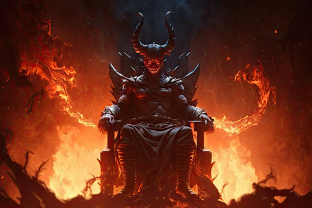 devil, sitting on throne in hell, surrounded by flames and smoke, created with generative aiの素材