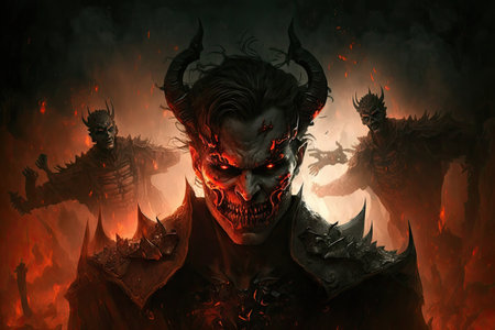 devil, in the midst of hellish battlefield, with the souls of the damned burning and screaming around him, created with generative aiの素材