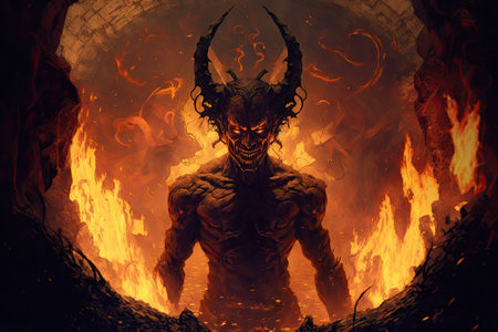 devil, with view of flaming pits and tortured souls, in eternal hell, created with generative aiの素材