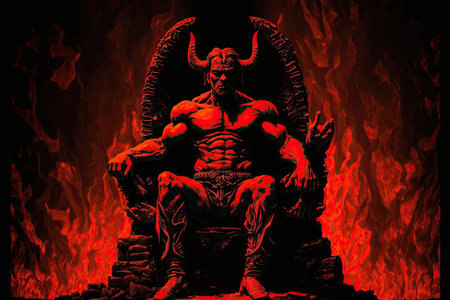 devil, sitting upon throne of molten lava, with view of hellfire and brimstone, created with generative aiの素材