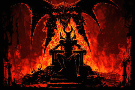 devil, sitting atop throne of hell, with view of the flames and suffering below, created with generative aiの素材