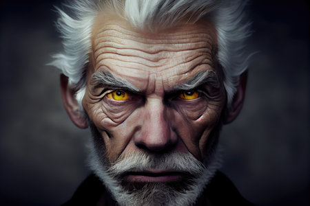 grey-haired leering with yellow eyes devilish old man, created with generative aiの素材