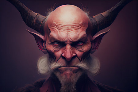 devilish old man with big horns and bald head, created with generative aiの素材