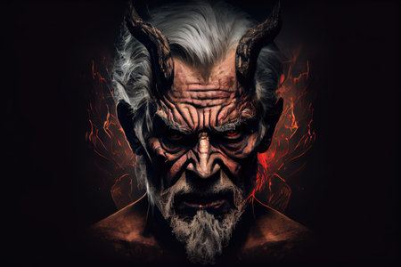 mystical creature in form of devilish old man on dark background, created with generative aiの素材