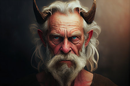 elderly man with beard and horns in forehead as embodiment of devilish old man, created with generative aiの素材