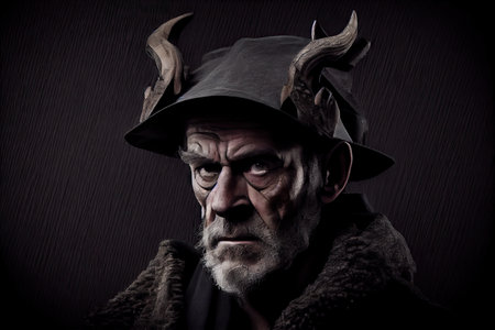 dark old man dressed in black torn robe and cap with horns, created with generative aiの素材