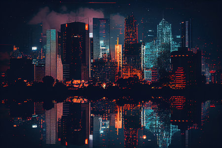a digital glitch effect on a photo of a city skyline at night, with the lights from the buildings appearing to be broken and distorted., created with generative aiの素材