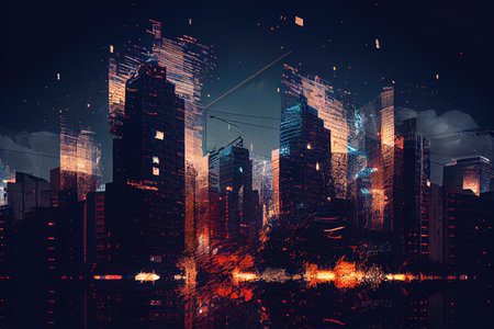 a digital glitch effect on a photo of a city skyline at night, with the lights from the buildings appearing to be broken and distorted., created with generative aiの素材