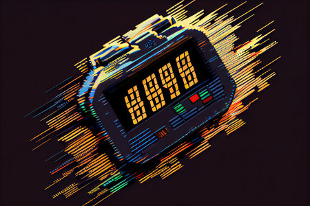 a glitchy digital stopwatch, with the seconds and minutes digits rapidly changing., created with generative aiの素材