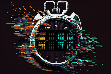 a glitchy digital stopwatch, with the seconds and minutes digits rapidly changing., created with generative aiの素材