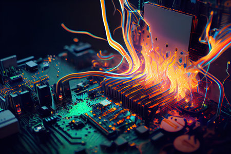 close-up of a circuit board with wires and chips that are starting to melt, causing sparks and glitches in the circuitry., created with generative aiの素材