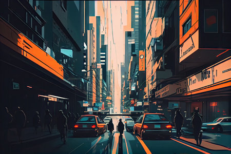 a glitchy digital stop-motion animation of a city street, with cars and people moving in slow motion., created with generative aiの素材