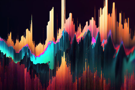 a close-up of a glitchy digital waveform, with sharp edges and sudden shifts in color., created with generative aiの素材