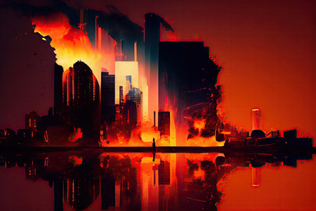 a digital glitch that makes a cityscape appear to be on fire., created with generative aiの素材