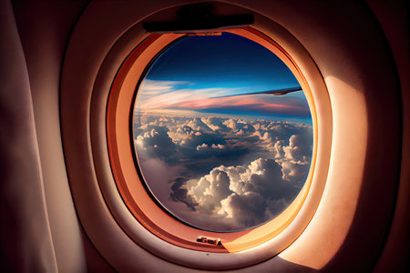 view of clouds and sky from the window of first-class airplane seat, created with generative aiの素材