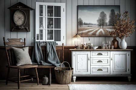 farmhouse with vintage furniture and rustic accents, created with generative aiの素材