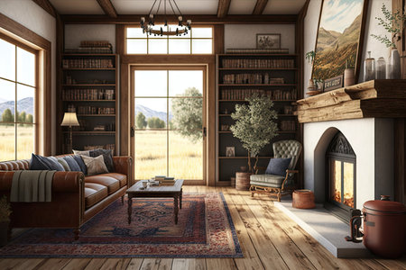 cozy farmhouse sitting room with fireplace, bookshelves, and view of the outdoors, created with generative aiの素材