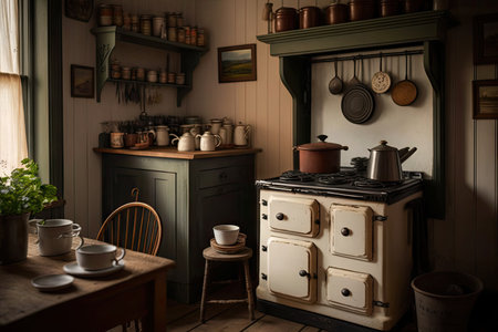 farmhouse kitchen with antique stove, slow cooker, and crockery, created with generative aiの素材