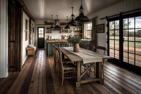 farmhouse with rustic wooden floor and modern dining table, created with generative aiの素材