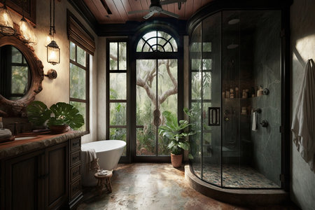 luxurious bathroom with steam shower and rainforest showerhead in farmhouse, created with generative aiの素材