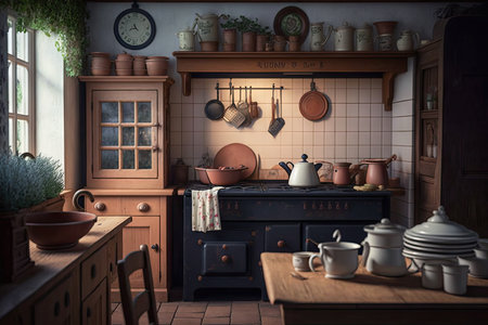 farmhouse kitchen with wooden cabinets and vintage appliances, surrounded by crockery and cookware, created with generative aiの素材