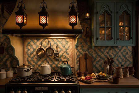 cozy kitchen with vintage stove, intricate tile backsplash, and hanging lanterns, created with generative aiの素材