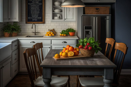 farmhouse kitchen with rustic table and chairs, stainless steel appliances, and baskets of fresh fruit, created with generative aiの素材