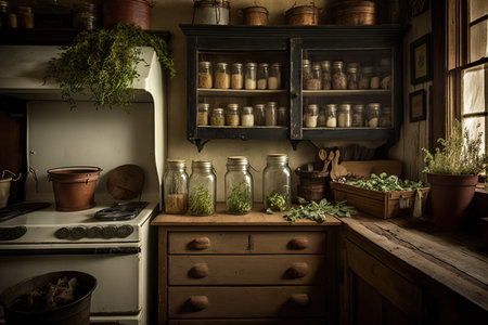 farmhouse kitchen with rustic wooden cabinets, vintage appliances, and jars of homegrown herbs, created with generative aiの素材