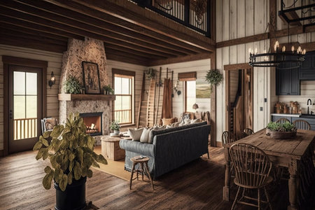 rustic farmhouse with natural materials, wooden accents, and a warm fireplace, created with generative aiの素材
