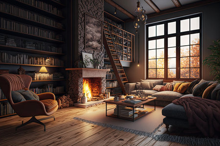 cozy living room with fireplace, bookshelves and warm decor, created with generative aiの素材