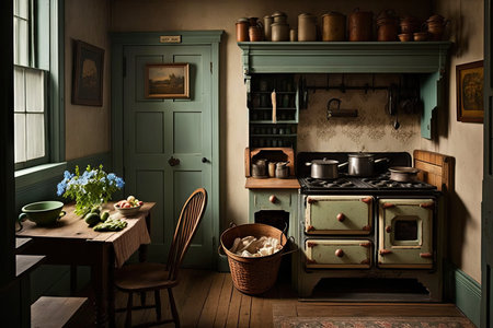 classic farmhouse kitchen with vintage stove, wooden cabinets, and woven baskets, created with generative aiの素材