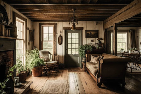 rustic farmhouse with vintage furnishings and natural decor, created with generative aiの素材