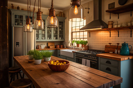 farmhouse kitchen with rustic wooden countertops, vintage cookware, and eclectic lighting, created with generative aiの素材