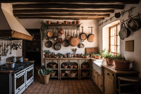 traditional farmhouse kitchen with baskets, pots, and pans hanging from the ceiling, created with generative aiの素材