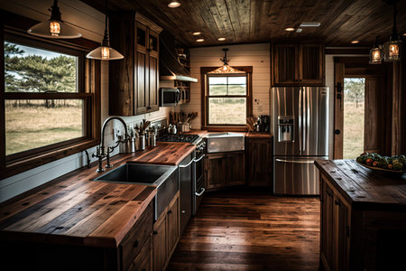 farmhouse kitchen with wooden countertops, rustic sinks, and stainless steel appliances, created with generative aiの素材
