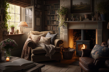 cozy living room with fireplace and stack of books, surrounded by country-style decor, created with generative aiの素材