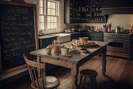 farmhouse kitchen, with large wooden table and chalkboard for writing, created with generative aiの素材