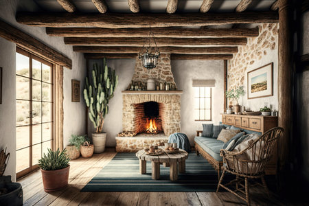 cozy living room, with welcoming fireplace and rustic wooden furniture, in farmhouse interior, created with generative aiの素材