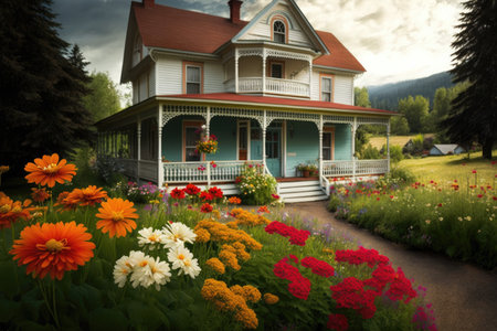 farmhouse with wraparound porch, overflowing with colorful flowers, created with generative aiの素材