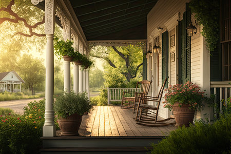 a farmhouse with a wraparound porch and rocking chairs, surrounded by lush greenery, created with generative aiの素材