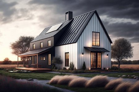 modern farmhouse with sleek metal exterior and solar panels for sustainable energy source, created with generative aiの素材
