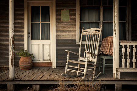 rustic farmhouse with weathered shingles and rocking chair on the porch, created with generative aiの素材